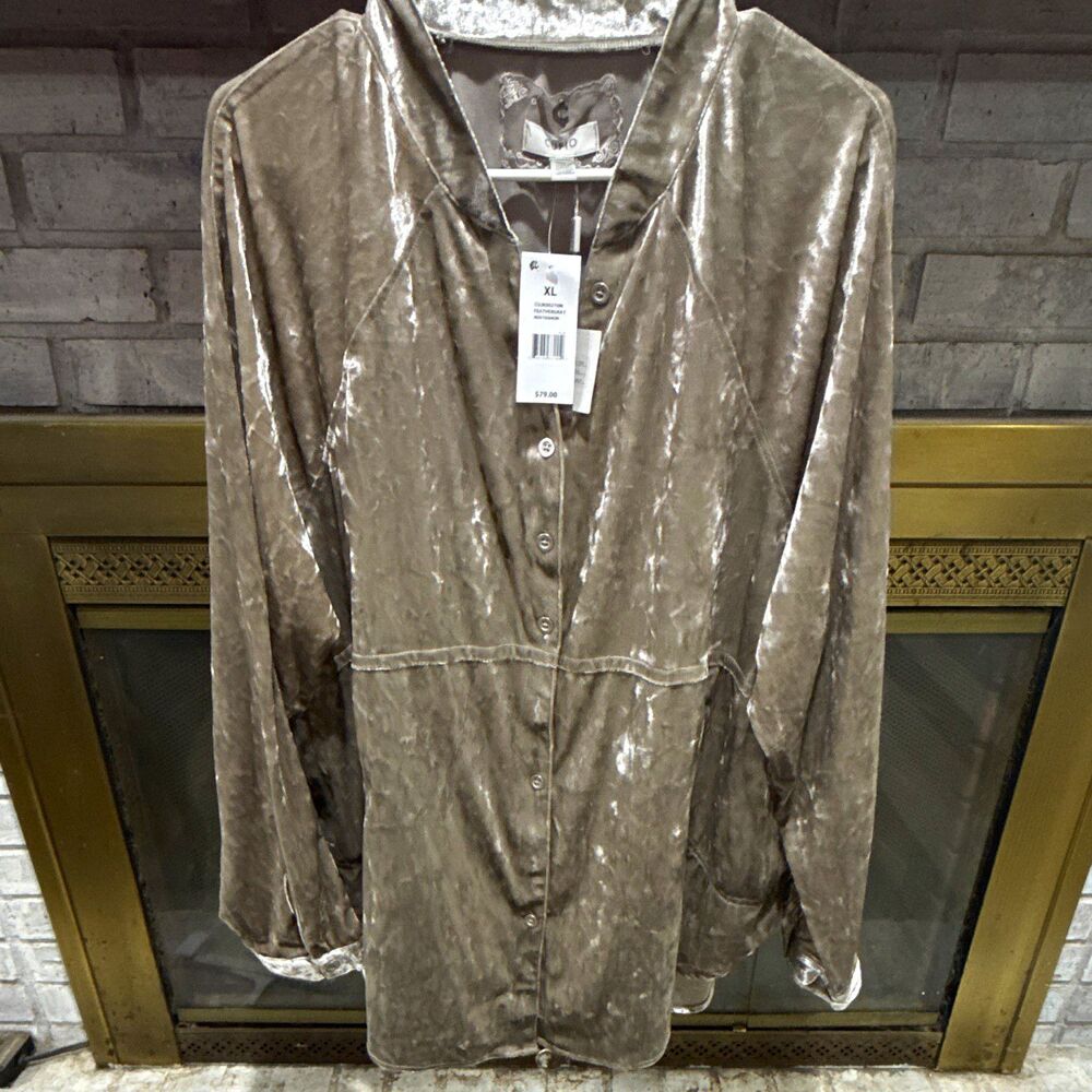CUPIO Women's Solid Gray Velvet Button-Up Collared Long Sleeve Blouse XL MPN